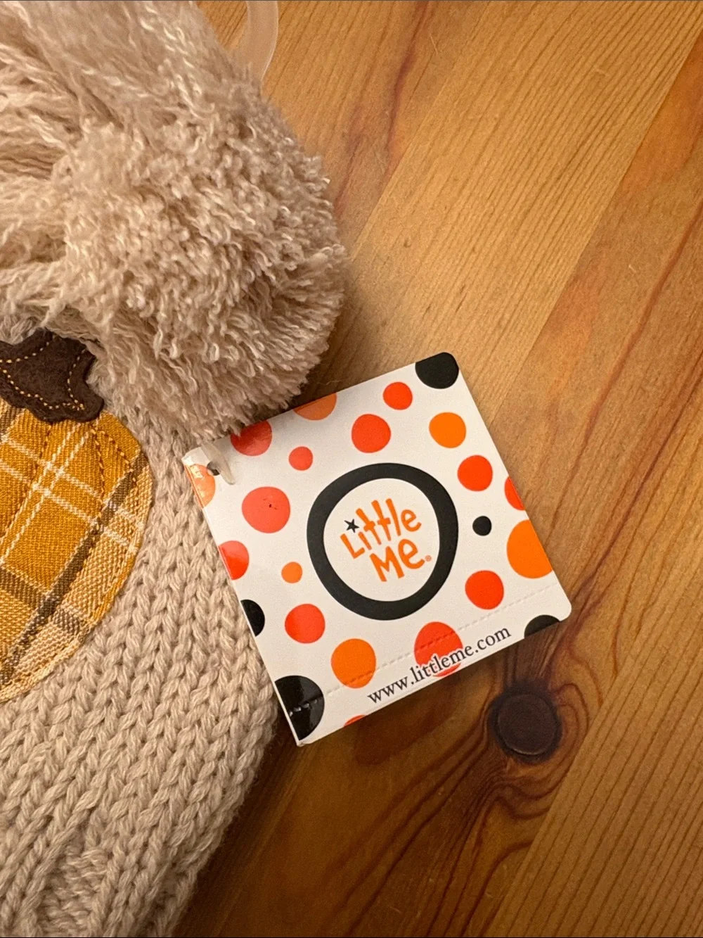 Little Me Cream Knit Pom Beanie and Booties with Yellow Plaid Pumpkin Applique